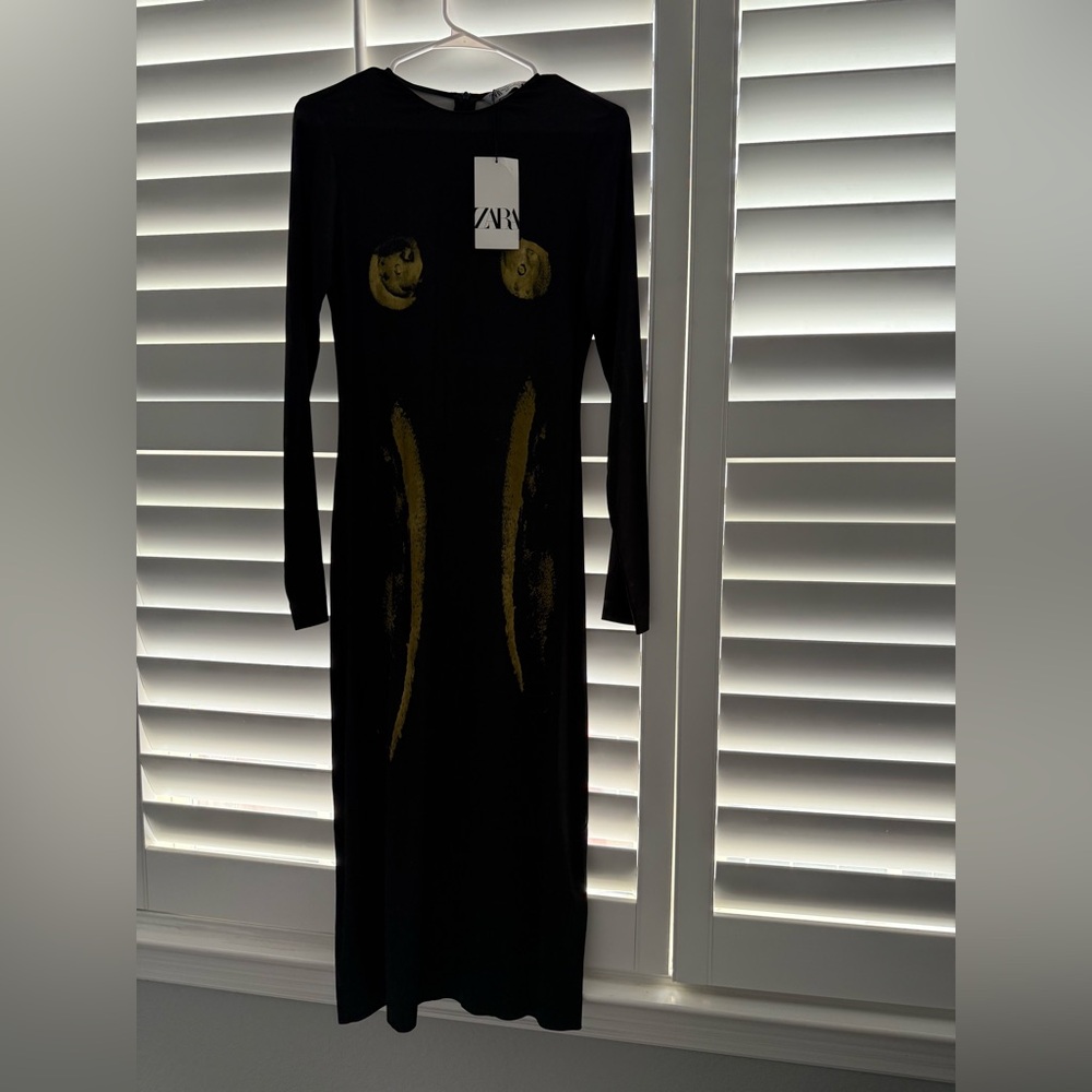 Zara Long Sleeve Black Dress with Gold Accents